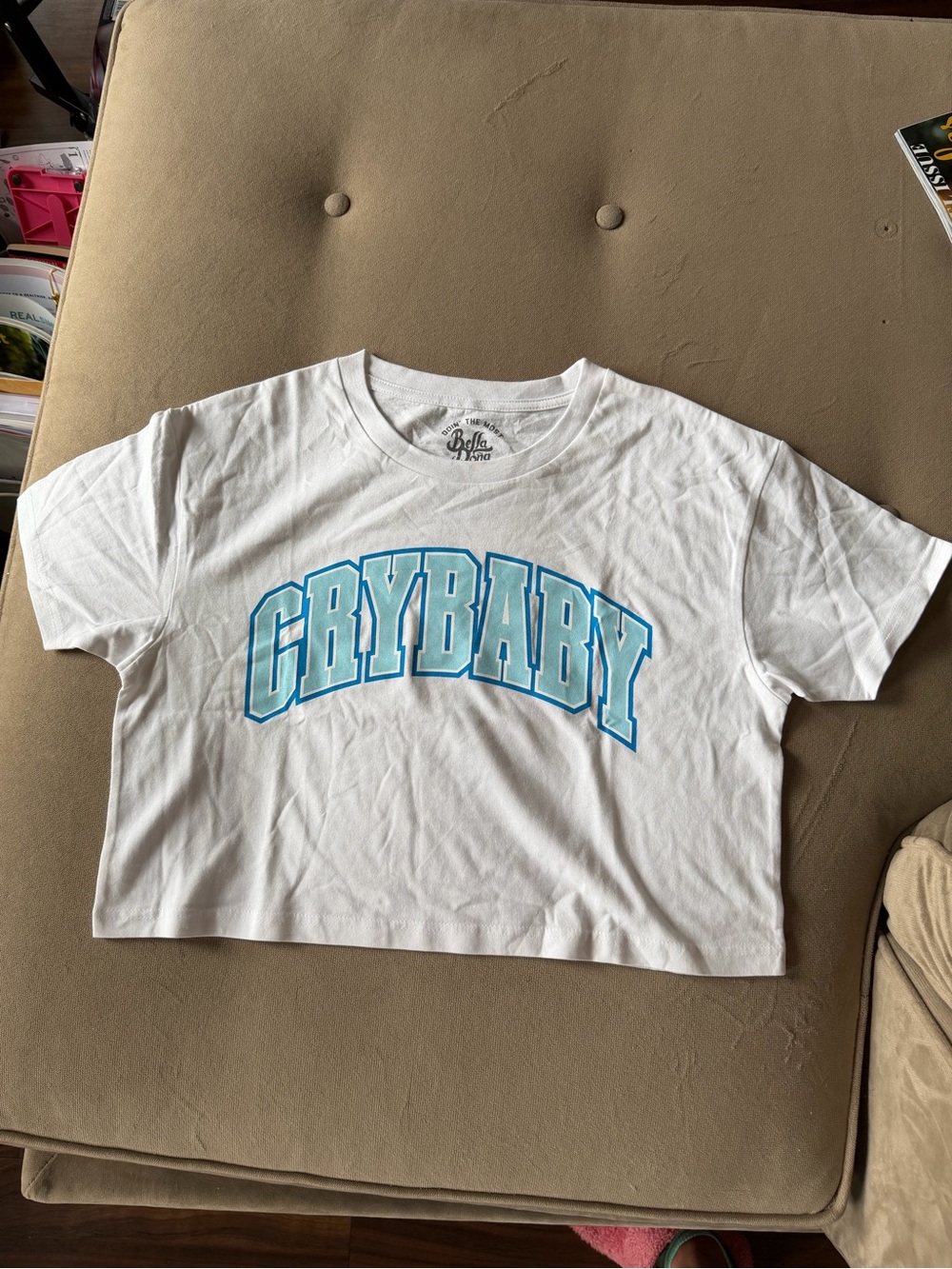 Bella Doña White Crop T-Shirt with Light Blue 'CRYBABY' Graphic